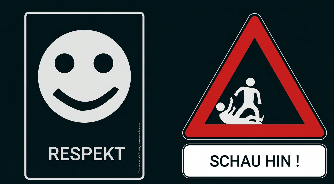 Hinweisschild mit lächelndem Gesicht und der Aufschrift „Respekt“ sowie Warnschild mit „Schau hin!“